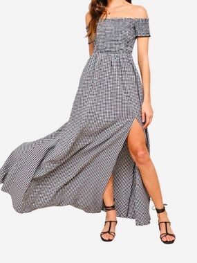 Lulus “Patsy” Black & White Gingham Off The Shoulder Maxi Dress Size L